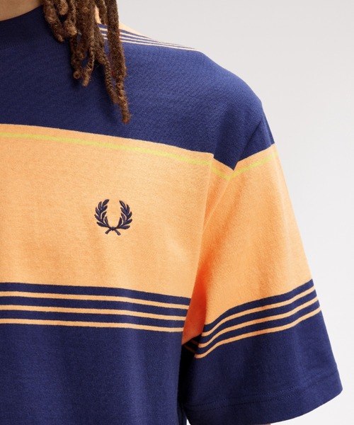 FRED PERRY(フレッドペリー)の「Heavyweight Striped T-Shirt/ヘビーウェイトストライプTシャツ(Tシャツ/カットソー・メンズ・ダークブルー/ホワイト/ベージュ/オレンジ・S/M/L)」の14枚目の写真