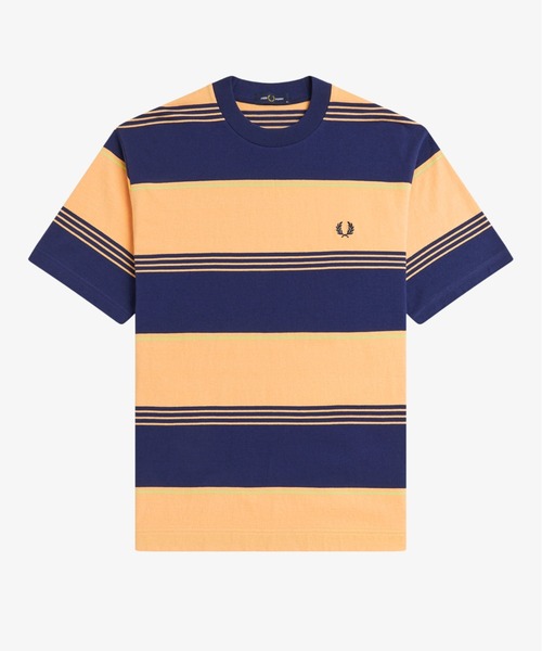 FRED PERRY(フレッドペリー)の「Heavyweight Striped T-Shirt/ヘビーウェイトストライプTシャツ(Tシャツ/カットソー・メンズ・ダークブルー/ホワイト/ベージュ/オレンジ・S/M/L)」の5枚目の写真