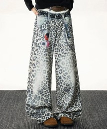 NOWLE（ノウル）の「【NOWLE】フェイクレイヤード レオパード プリント ワイド デニム パンツ（デニムパンツ）」