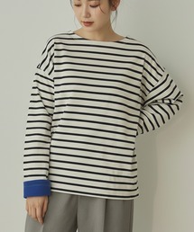 フリース ボーダーTシャツ ドロップショルダー ボーダー マルチカラー トップス カジュアル レディース ミドル丈 春 秋 冬 女性 可愛い 着回し ゆったり 体型カバー あったかい 柔らか きれいめ かわいい 長袖 ゆったり 大きいサイズ