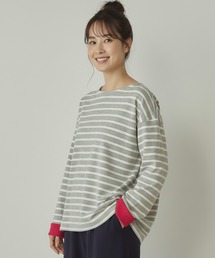 フリース ボーダーTシャツ ドロップショルダー ボーダー マルチカラー トップス カジュアル レディース ミドル丈 春 秋 冬 女性 可愛い 着回し ゆったり 体型カバー あったかい 柔らか きれいめ かわいい 長袖 ゆったり 大きいサイズ
