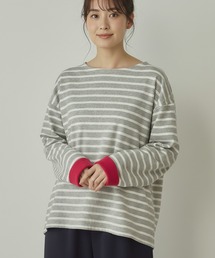 フリース ボーダーTシャツ ドロップショルダー ボーダー マルチカラー トップス カジュアル レディース ミドル丈 春 秋 冬 女性 可愛い 着回し ゆったり 体型カバー あったかい 柔らか きれいめ かわいい 長袖 ゆったり 大きいサイズ