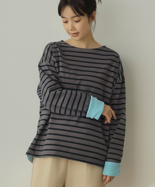 Cinderella(シンデレラ)の「フリース ボーダーTシャツ ドロップショルダー ボーダー マルチカラー トップス カジュアル レディース ミドル丈 春 秋 冬 女性 可愛い 着回し ゆったり 体型カバー あったかい 柔らか きれいめ かわいい 長袖 ゆったり 大きいサイズ(Tシャツ/カットソー・レディース・ホワイト×ブラック/グレー/チャコールグレー/ネイビー・FREE)」の1枚目の写真