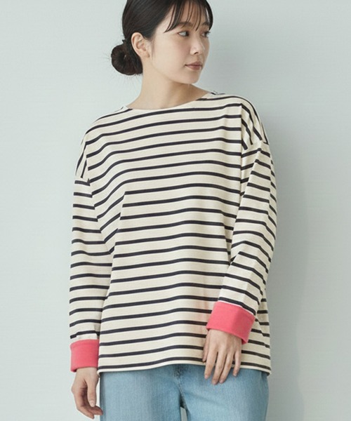 Cinderella(シンデレラ)の「フリース ボーダーTシャツ ドロップショルダー ボーダー マルチカラー トップス カジュアル レディース ミドル丈 春 秋 冬 女性 可愛い 着回し ゆったり 体型カバー あったかい 柔らか きれいめ かわいい 長袖 ゆったり 大きいサイズ(Tシャツ/カットソー・レディース・ホワイト×ブラック/グレー/チャコールグレー/ネイビー・FREE)」の16枚目の写真