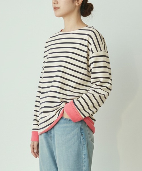 Cinderella(シンデレラ)の「フリース ボーダーTシャツ ドロップショルダー ボーダー マルチカラー トップス カジュアル レディース ミドル丈 春 秋 冬 女性 可愛い 着回し ゆったり 体型カバー あったかい 柔らか きれいめ かわいい 長袖 ゆったり 大きいサイズ(Tシャツ/カットソー・レディース・ホワイト×ブラック/グレー/チャコールグレー/ネイビー・FREE)」の17枚目の写真