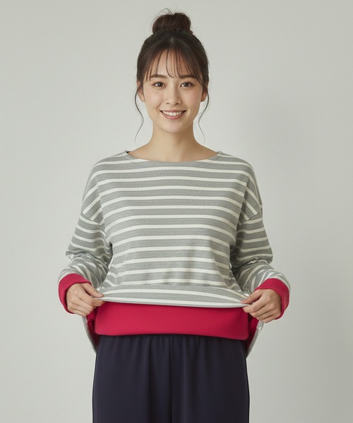 Cinderella(シンデレラ)の「フリース ボーダーTシャツ ドロップショルダー ボーダー マルチカラー トップス カジュアル レディース ミドル丈 春 秋 冬 女性 可愛い 着回し ゆったり 体型カバー あったかい 柔らか きれいめ かわいい 長袖 ゆったり 大きいサイズ(Tシャツ/カットソー・レディース・ホワイト×ブラック/グレー/チャコールグレー/ネイビー・FREE)」の21枚目の写真