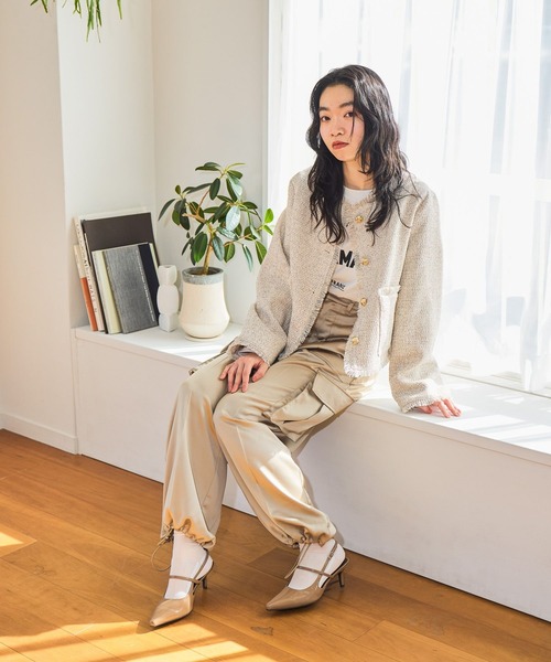 mysty woman（ミスティウーマン）の「ライトツイードジャケット 660026（ノーカラージャケット・レディース・アイボリー/ネイビー/イエロー・FREE）」の5枚目の写真