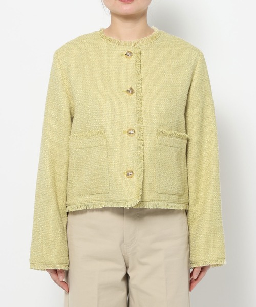 mysty woman（ミスティウーマン）の「ライトツイードジャケット 660026（ノーカラージャケット・レディース・アイボリー/ネイビー/イエロー・FREE）」の21枚目の写真