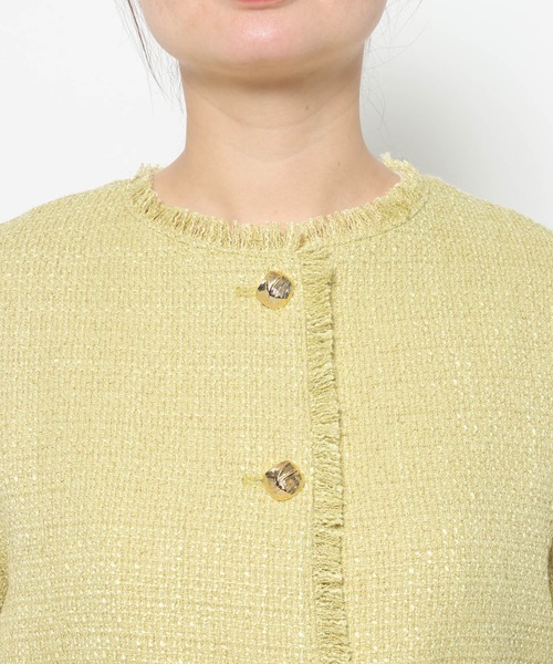 mysty woman（ミスティウーマン）の「ライトツイードジャケット 660026（ノーカラージャケット・レディース・アイボリー/ネイビー/イエロー・FREE）」の13枚目の写真