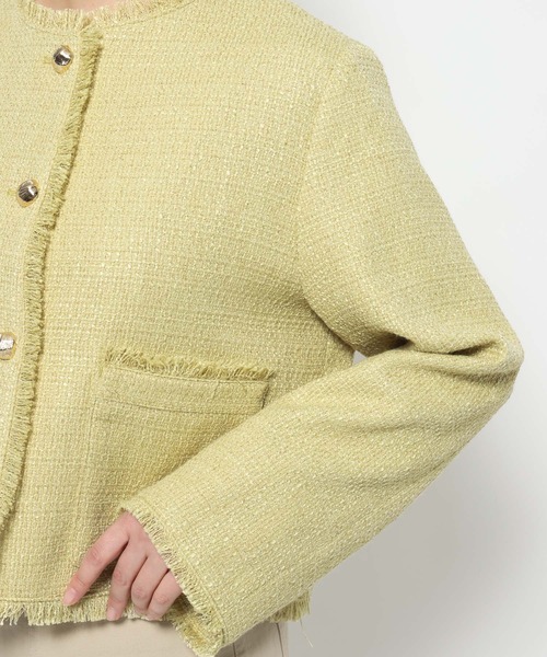 mysty woman（ミスティウーマン）の「ライトツイードジャケット 660026（ノーカラージャケット・レディース・アイボリー/ネイビー/イエロー・FREE）」の14枚目の写真
