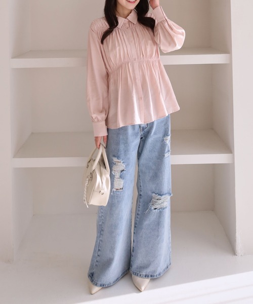 archives（アルシーヴ）の「【ＯＮかわ】シャーリングギャザーシャツ（シャツ/ブラウス・レディース・ブルー/アイボリー/ピンク・MEDIUM）」の9枚目の写真