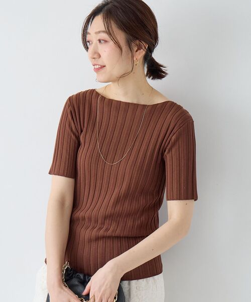 le.coeur blanc（ルクールブラン）の「ボートネックハーフスリーブリブニット（ニット/セーター・レディース・オフホワイト/グレイッシュベージュ/ブラウン/オレンジ/ブラック・38）」の3枚目の写真