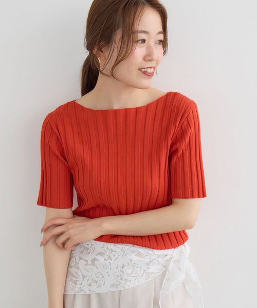 le.coeur blanc(ルクールブラン)の「ボートネックハーフスリーブリブニット(ニット/セーター・レディース・オフホワイト/グレイッシュベージュ/ブラウン/オレンジ/ブラック・38)」の8枚目の写真
