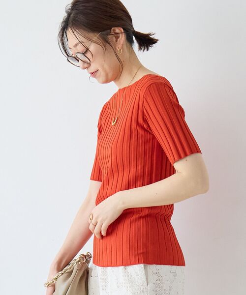 le.coeur blanc(ルクールブラン)の「ボートネックハーフスリーブリブニット(ニット/セーター・レディース・オフホワイト/グレイッシュベージュ/ブラウン/オレンジ/ブラック・38)」の15枚目の写真