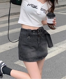 【ベルト付き】デニム台形ミニスカート Aライン 美脚効果