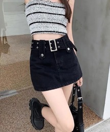 【ベルト付き】デニム台形ミニスカート Aライン 美脚効果