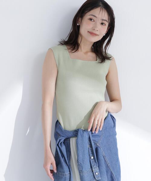NATURAL BEAUTY BASIC（ナチュラルビューティーベーシック）の「スクエアネックリブニット（タンクトップ・レディース・オフホワイト/ライトグリーン/ベージュ/ブラック・ﾌﾘ-）」の7枚目の写真