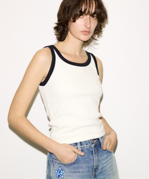 THROW by SLY(スローバイスライ)の「THROW RINGER TANK TOP リンガータンクトップ 春服 夏服(タンクトップ・レディース・オフホワイト/ライトブルー/ブラウン・FREE)」の2枚目の写真