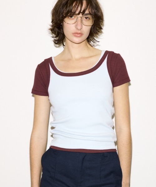 THROW by SLY(スローバイスライ)の「THROW RINGER TANK TOP リンガータンクトップ 春服 夏服(タンクトップ・レディース・オフホワイト/ライトブルー/ブラウン・FREE)」の3枚目の写真
