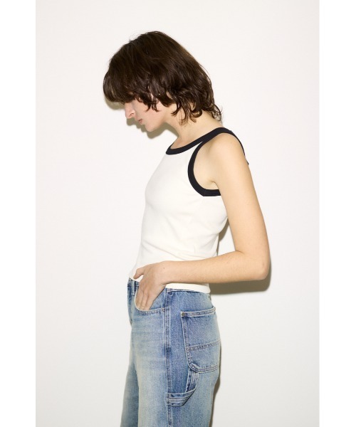 THROW by SLY(スローバイスライ)の「THROW RINGER TANK TOP リンガータンクトップ 春服 夏服(タンクトップ・レディース・オフホワイト/ライトブルー/ブラウン・FREE)」の6枚目の写真