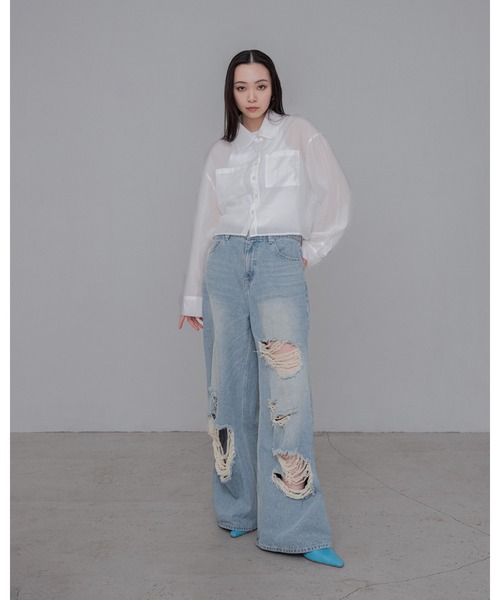 YOOU(ユー)の「ストライプシアーシャツ/透け感素材 × ショート・ロング丈展開(シャツ/ブラウス・レディース・ホワイト/ネイビー/ブラウン・MEDIUM/SMALL)」の12枚目の写真