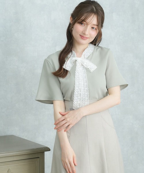 ASTORIA ODIER（アストリアオディール）の「レースリボンタイブラウス(半袖)（シャツ/ブラウス・レディース・ホワイト/ミント/ピンクベージュ/グレイッシュブルー・MEDIUM）」の19枚目の写真