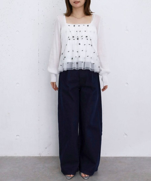 archives(アルシーヴ)の「シアーニットボレロ+花柄チュールペプラムキャミSET(Tシャツ/カットソー・レディース・ブラック/オフホワイト/グレー・MEDIUM)」の10枚目の写真