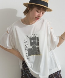 猫 プリント ショルダースリット Tシャツ