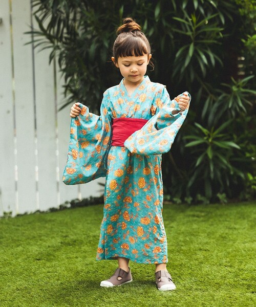 BEAMS mini（ビームスミニ）の「フラワー柄 浴衣 2026SS （90～130cm）お祭り 女の子 男の子 夏休み 花火大会 夕涼み（浴衣・キッズ・サックスブルー・S(90～100)/M(110～120)/L(130～140)）」の3枚目の写真