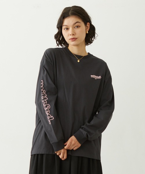 MILKFED.(ミルクフェド)の「MILKFED. COOPER LOGO L/S TEE(Tシャツ/カットソー・レディース・ピンク/チャコール/オフホワイト・M/L)」の1枚目の写真