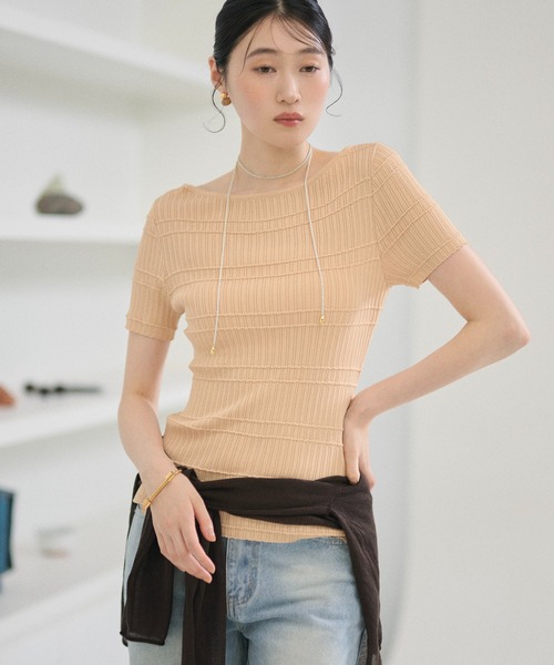 LAULEN(ローレン)の「textured border knit tops /テクスチャーボーダーニットトップス(ニット/セーター・レディース・アイボリー/オレンジ系/グレー・FREE)」の3枚目の写真
