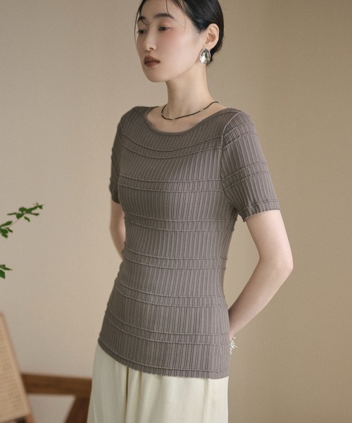 LAULEN(ローレン)の「textured border knit tops /テクスチャーボーダーニットトップス(ニット/セーター・レディース・アイボリー/オレンジ系/グレー・FREE)」の1枚目の写真
