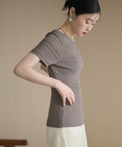 LAULEN(ローレン)の「textured border knit tops /テクスチャーボーダーニットトップス(ニット/セーター・レディース・アイボリー/オレンジ系/グレー・FREE)」の4枚目の写真