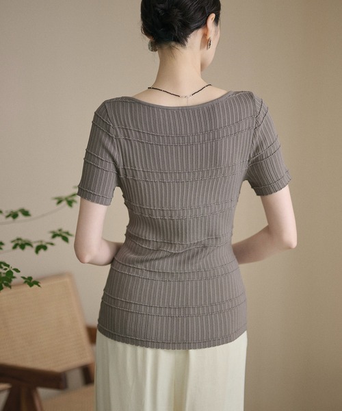 LAULEN(ローレン)の「textured border knit tops /テクスチャーボーダーニットトップス(ニット/セーター・レディース・アイボリー/オレンジ系/グレー・FREE)」の5枚目の写真