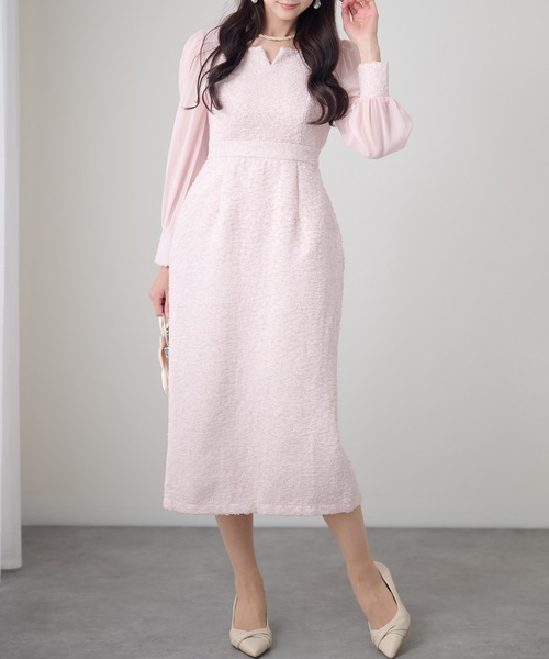 Lace Ladies(レースレディース)の「シアースリーブ キーネック 異素材 ドッキング 長袖 ミディワンピース(ドレス・レディース・ブラック/ピンク/アイボリー・FREE/S)」の1枚目の写真