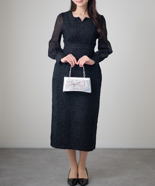 Lace Ladies(レースレディース)の「シアースリーブ キーネック 異素材 ドッキング 長袖 ミディワンピース(ドレス・レディース・ブラック/ピンク/アイボリー・FREE/S)」の3枚目の写真