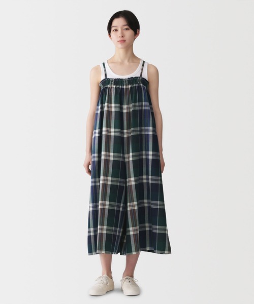 無印良品(ムジルシリョウヒン)の「婦人 マドラスチェック サロペット(サロペット/オーバーオール・レディース・ダークグリーン系/パープル系・S/M/L/XL)」の1枚目の写真