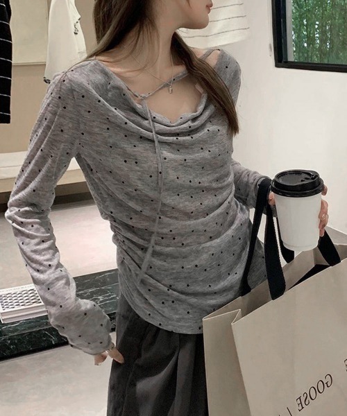 Miniministore(ミニミニストア)の「ドット柄シアーカットソーオフショルロンT(Tシャツ/カットソー・レディース・ベージュ/グレー・FREE)」の14枚目の写真