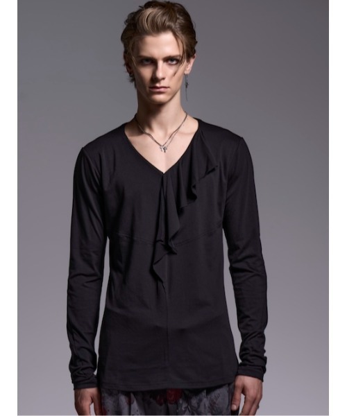kiryuyrik(キリュウキリュウ)の「W Frill V Neck T(Tシャツ/カットソー・メンズ・ブラック・SMALL)」の1枚目の写真