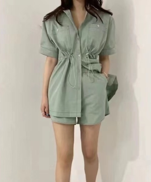FACTOTUM（ファクトタム）の「ドローストリングシャツ+ショートパンツセットアップ（セットアップ・レディース・グリーン/ブラック・FREE）」の3枚目の写真