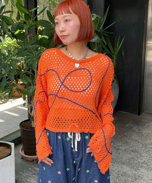 HELLO.SANFRANCISCO（ハローサンフランシスコ）の「【HELLO.SANFRANCISCO/ハローサンフランシスコ】うねうねメッシュリボンカーディガン（カーディガン/ボレロ・レディース・ブルー/オレンジ/イエロー・ONE SIZE）」の3枚目の写真