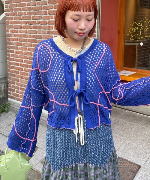 HELLO.SANFRANCISCO（ハローサンフランシスコ）の「【HELLO.SANFRANCISCO/ハローサンフランシスコ】うねうねメッシュリボンカーディガン（カーディガン/ボレロ・レディース・ブルー/オレンジ/イエロー・ONE SIZE）」の12枚目の写真