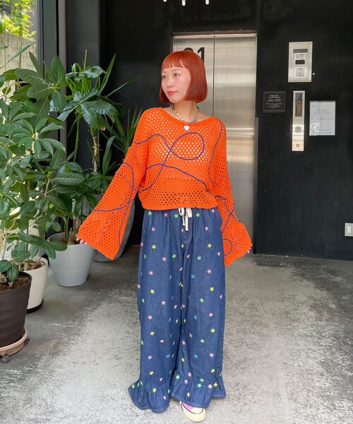 HELLO.SANFRANCISCO（ハローサンフランシスコ）の「【HELLO.SANFRANCISCO/ハローサンフランシスコ】うねうねメッシュリボンカーディガン（カーディガン/ボレロ・レディース・ブルー/オレンジ/イエロー・ONE SIZE）」の6枚目の写真