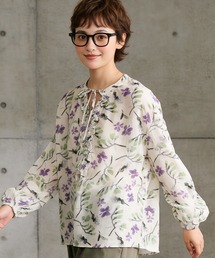 麻混アートな花柄プリントリボンフリルVネック長袖ブラウス