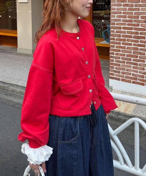 CIAOPANIC(チャオパニック)の「ハートボタン配色ステッチスウェットカーディガン(Tシャツ/カットソー・レディース・イエロー/グレー/ブラウン/ブラック/ネイビー/アイボリー/レッド/サックスブルー/ピンク・ONE SIZE)」の14枚目の写真