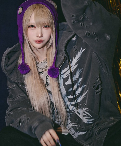 GALFY(ガルフィー)の「GALFY-犬ダメージパーカー(パーカー・メンズ・アイボリー/ブラック・L/XL)」の1枚目の写真