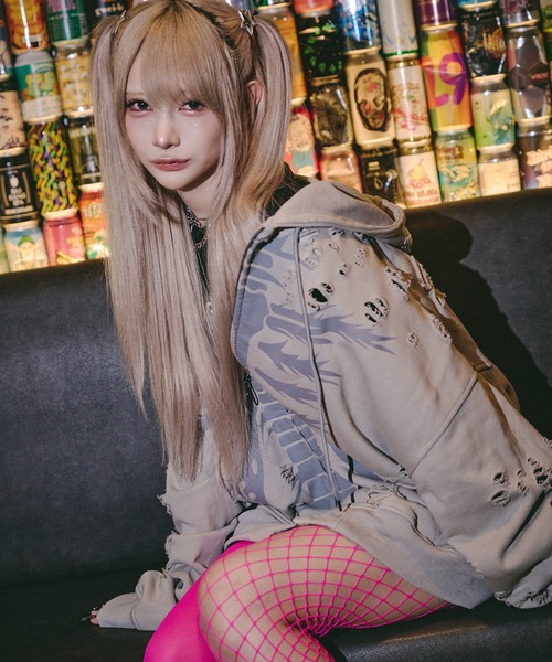 GALFY(ガルフィー)の「GALFY-犬ダメージパーカー(パーカー・メンズ・アイボリー/ブラック・L/XL)」の3枚目の写真