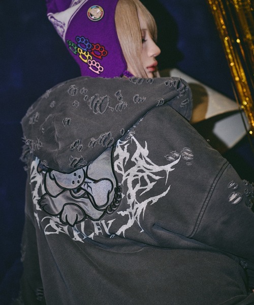 GALFY(ガルフィー)の「GALFY-犬ダメージパーカー(パーカー・メンズ・アイボリー/ブラック・L/XL)」の6枚目の写真