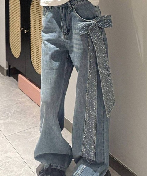 SHERU(シェル)の「リボンビジュー付き ワイドデニムパンツ レディース Y2K(デニムパンツ・レディース・ブルー・L/M/S)」の21枚目の写真