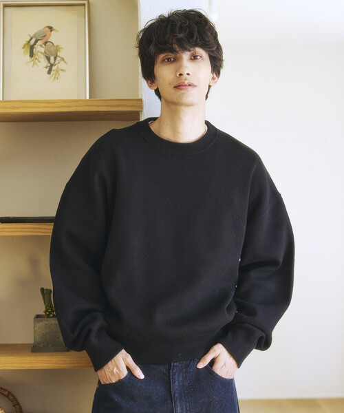 FREAK'S STORE(フリークスストア)の「限定展開 スウェットライク クロップド丈 クルーネック ニット(ニット/セーター・メンズ・ネイビー/ブラウン/ブラック/チャコールグレー/アッシュグレー・LARGE/MEDIUM)」の2枚目の写真